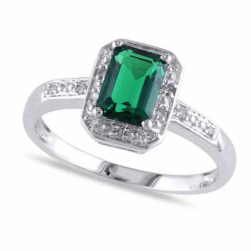 Image of ID 1 Emerald-Cut Lab-Created Emerald and Diamond Accent Ring in Solid 10K White Gold