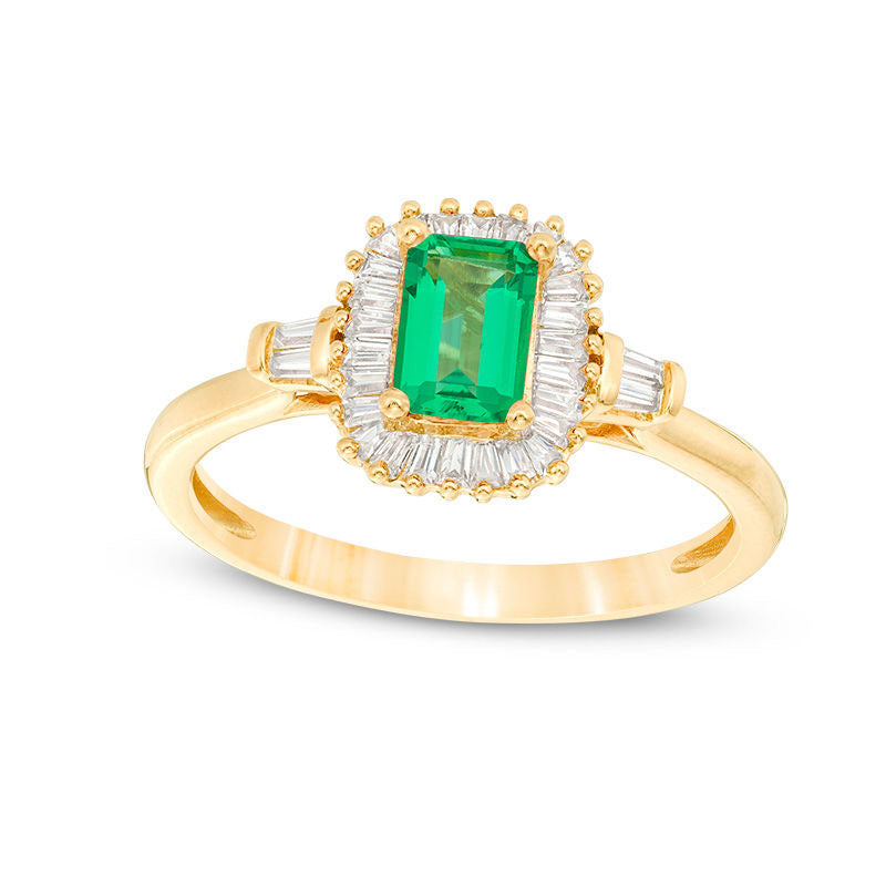 Image of ID 1 Emerald-Cut Lab-Created Emerald and White Sapphire Sunburst Frame Ring in Sterling Silver with Solid 14K Gold Plate