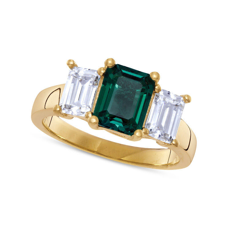 Image of ID 1 Emerald-Cut Lab-Created Emerald and White Topaz Three Stone Ring in Solid 10K Yellow Gold