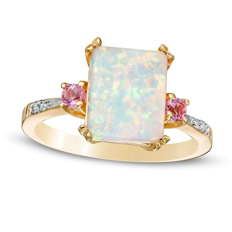 Image of ID 1 Emerald-Cut Lab-Created Opal and Pink Sapphire with Diamond Accent Three Stone Ring in Solid 10K Yellow Gold