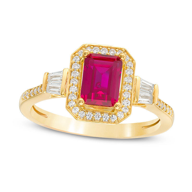 Image of ID 1 Emerald-Cut Lab-Created Ruby and 025 CT TW Diamond Frame Ring in Solid 10K Yellow Gold