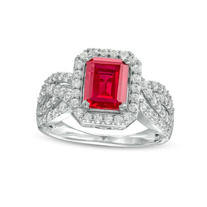 Image of ID 1 Emerald-Cut Lab-Created Ruby and White Sapphire Frame Multi-Row Shank Ring in Sterling Silver