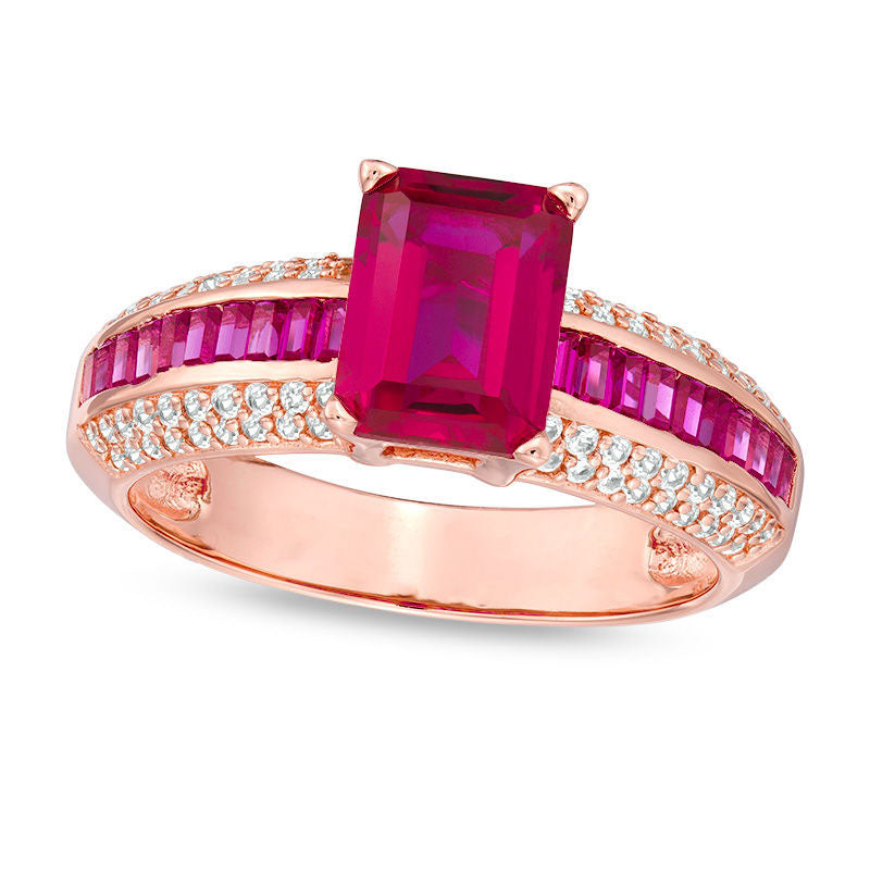 Image of ID 1 Emerald-Cut Lab-Created Ruby and White Sapphire Ring in Sterling Silver with Solid 14K Rose Gold Plate