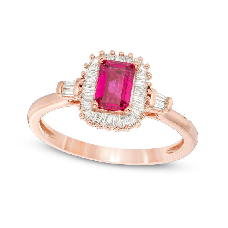 Image of ID 1 Emerald-Cut Lab-Created Ruby and White Sapphire Sunburst Frame Ring in Sterling Silver with Solid 14K Rose Gold Plate