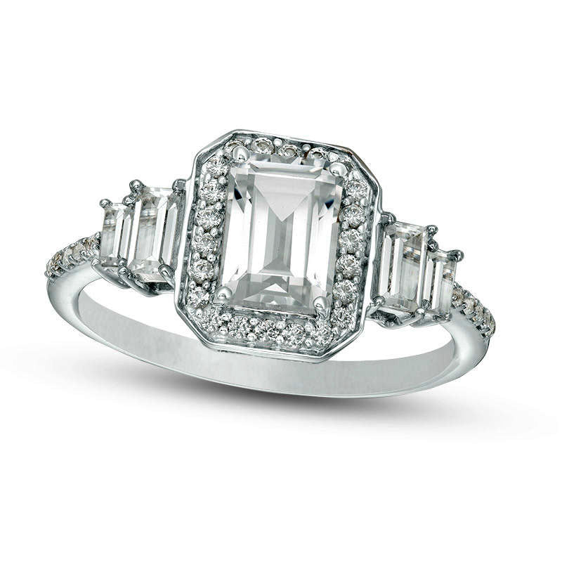 Image of ID 1 Emerald-Cut Lab-Created White Sapphire Octagonal Frame Stepped Collar Ring in Sterling Silver