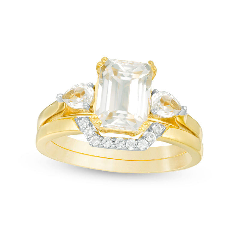 Image of ID 1 Emerald-Cut Lab-Created White Sapphire Three Stone Geometric Bridal Engagement Ring Set in Sterling Silver with Solid 14K Gold Plate