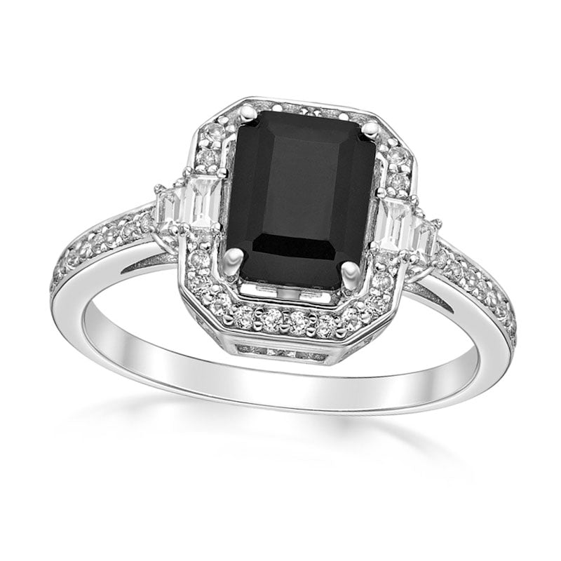 Image of ID 1 Emerald-Cut Onyx and White Topaz Octagon Frame Ring in Sterling Silver