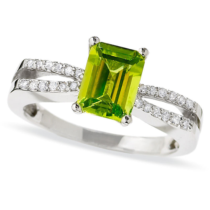 Image of ID 1 Emerald-Cut Peridot Ring in Solid 10K White Gold with Natural Diamond Accents