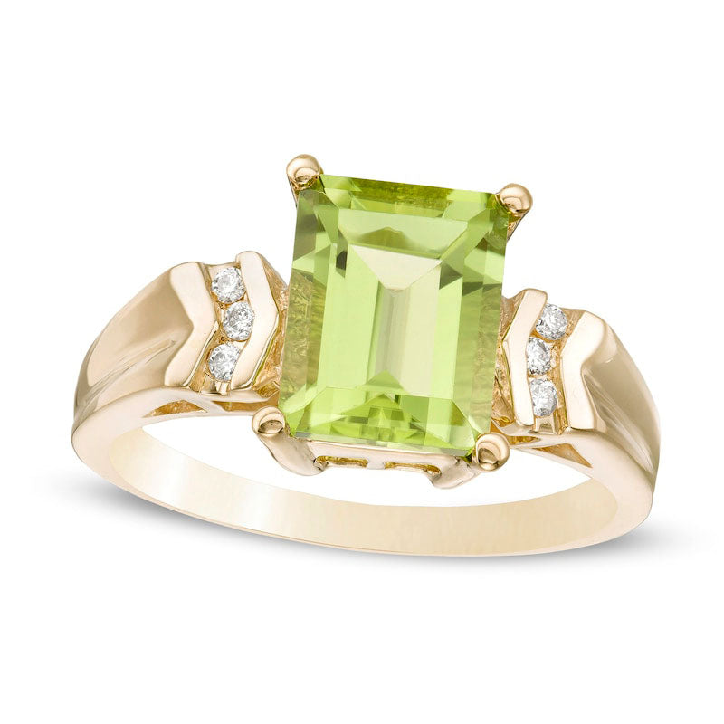 Image of ID 1 Emerald-Cut Peridot and 005 CT TW Natural Diamond Chevron Tri-Sides Ring in Solid 10K Yellow Gold