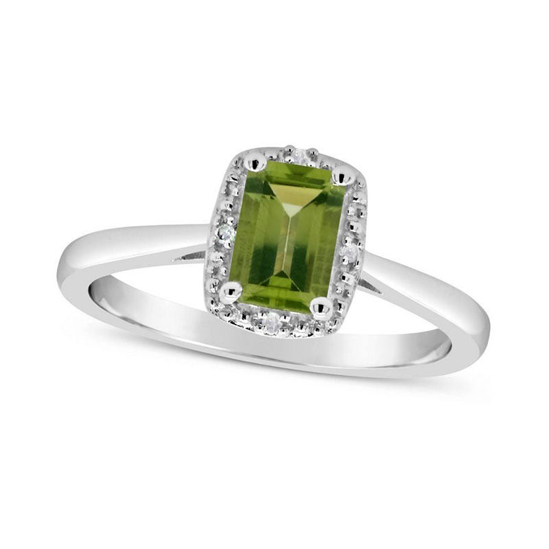 Image of ID 1 Emerald-Cut Peridot and Natural Diamond Accent Beaded Frame Ring in Sterling Silver