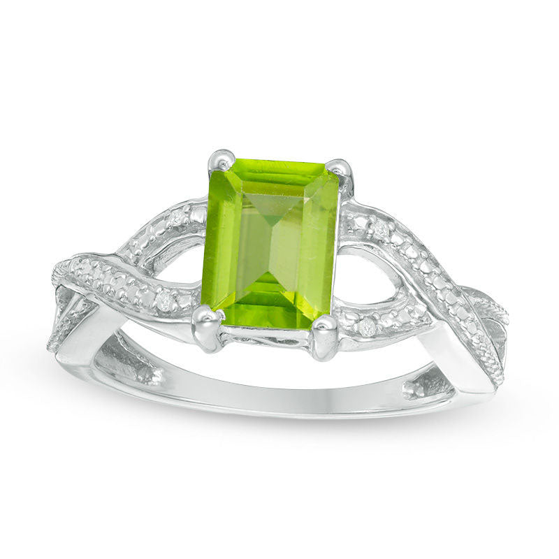 Image of ID 1 Emerald-Cut Peridot and Natural Diamond Accent Twist Split Shank Ring in Sterling Silver