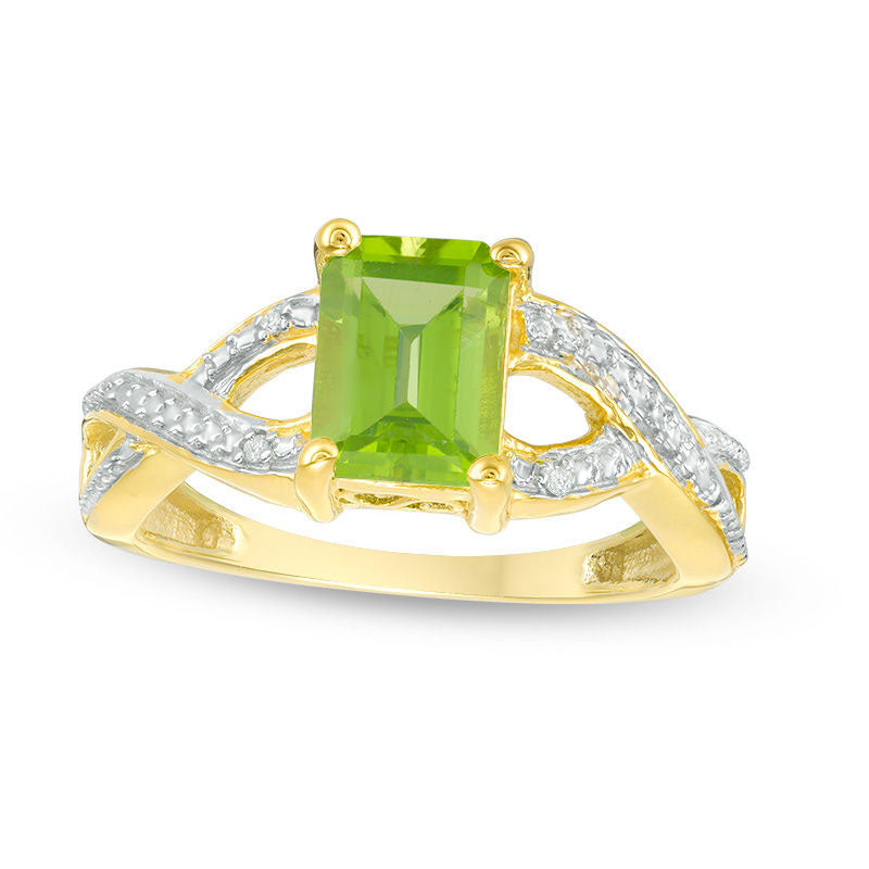 Image of ID 1 Emerald-Cut Peridot and Natural Diamond Accent Twist Split Shank Ring in Sterling Silver with Solid 14K Gold Plate