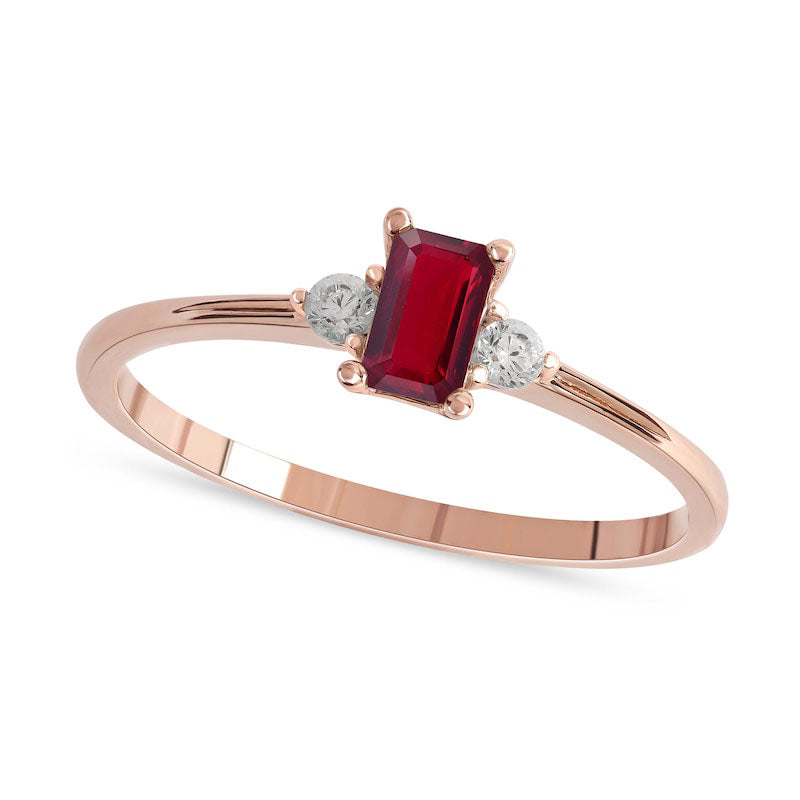 Image of ID 1 Emerald-Cut Ruby and 007 CT TW Natural Diamond Three Stone Grooved Ring in Solid 10K Rose Gold