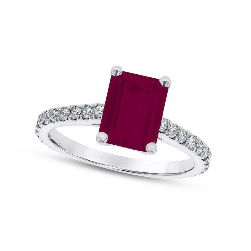 Image of ID 1 Emerald-Cut Ruby and 033 CT TW Natural Diamond Ring in Solid 14K White Gold