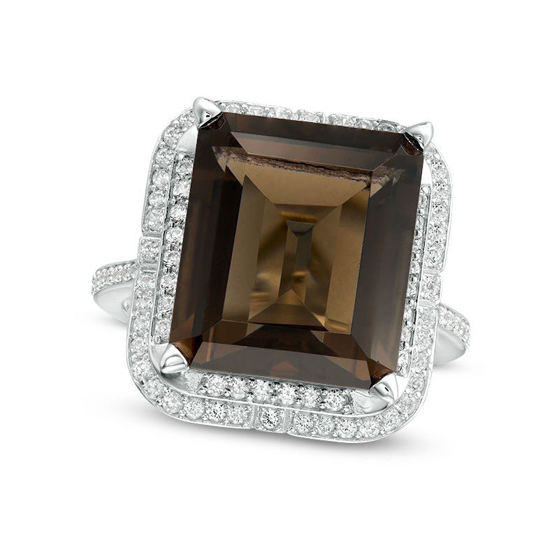 Image of ID 1 Emerald-Cut Smoky Quartz and Lab-Created White Sapphire Double Frame Ring in Sterling Silver