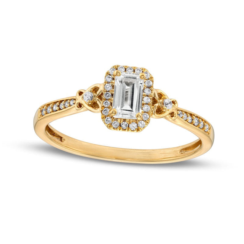 Image of ID 1 Emerald-Cut White Lab-Created Sapphire and 010 CT TW Diamond Frame Ring in Sterling Silver with Solid 14K Gold Plate