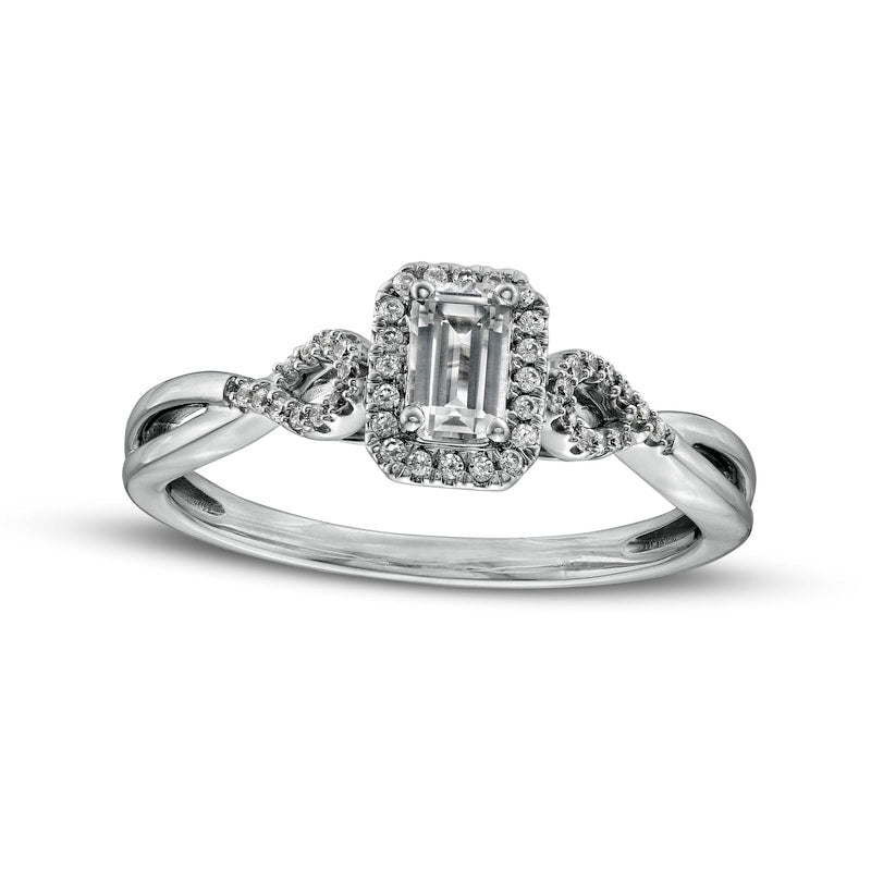 Image of ID 1 Emerald-Cut White Lab-Created Sapphire and 010 CT TW Diamond Frame Twist Shank Ring in Sterling Silver