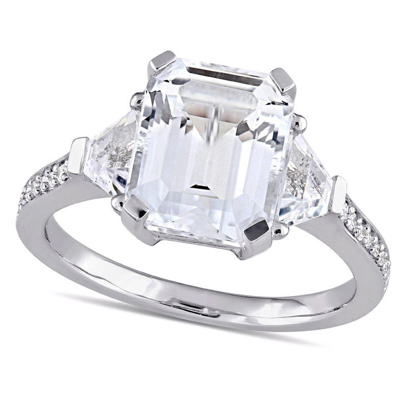Image of ID 1 Emerald-Cut White Topaz and 007 CT TW Natural Diamond Three Stone Ring in Sterling Silver