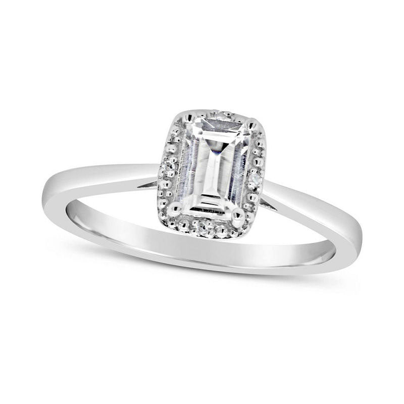 Image of ID 1 Emerald-Cut White Topaz and Natural Diamond Accent Beaded Frame Ring in Sterling Silver