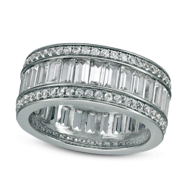 Image of ID 1 Emerald-Cut and Round Lab-Created White Sapphire Triple Row Band in Sterling Silver