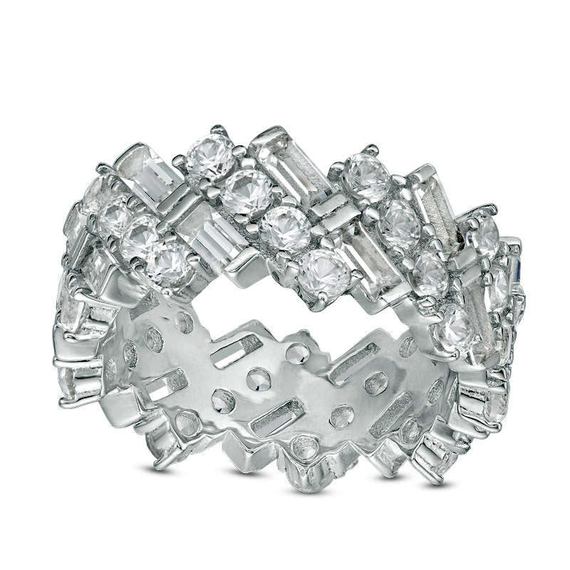 Image of ID 1 Emerald-Cut and Round Lab-Created White Sapphire Zig-Zag Ring in Sterling Silver
