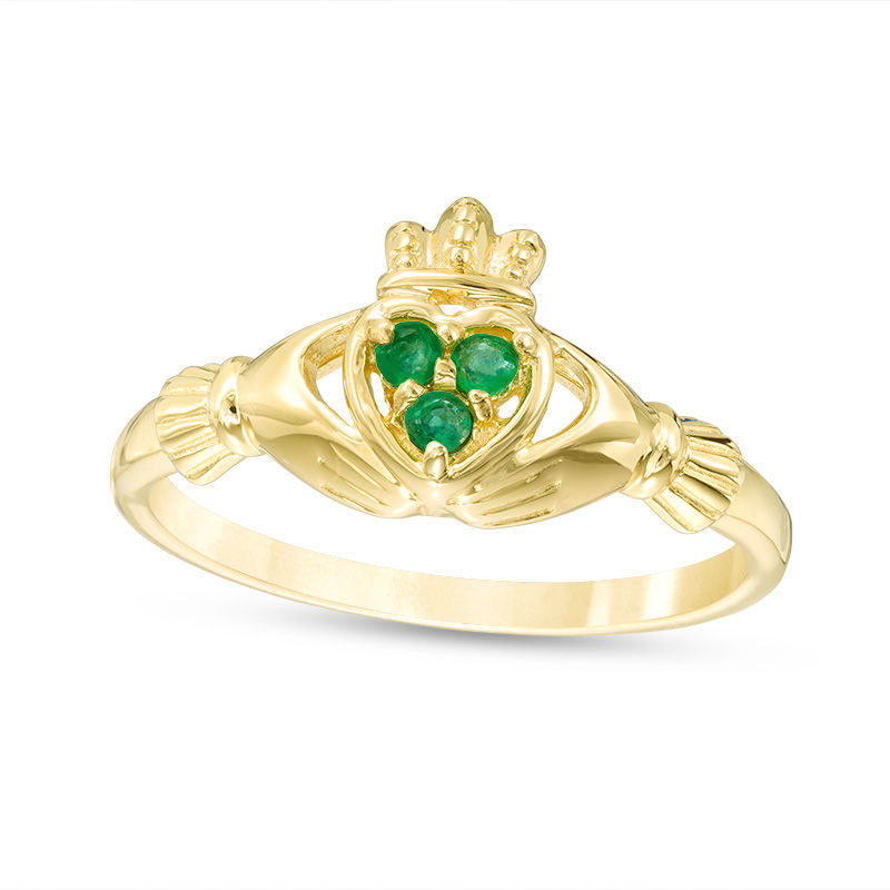Image of ID 1 Emerald Three Stone Claddagh Ring in Solid 10K Yellow Gold