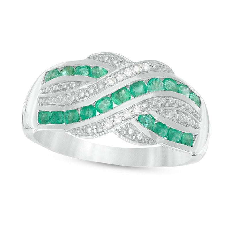 Image of ID 1 Emerald and 005 CT TW Natural Diamond Beaded Border Crossover Ring in Sterling Silver