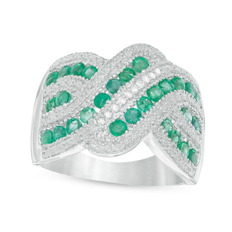 Image of ID 1 Emerald and 010 CT TW Natural Diamond Beaded Border Multi-Row Crossover Ring in Sterling Silver