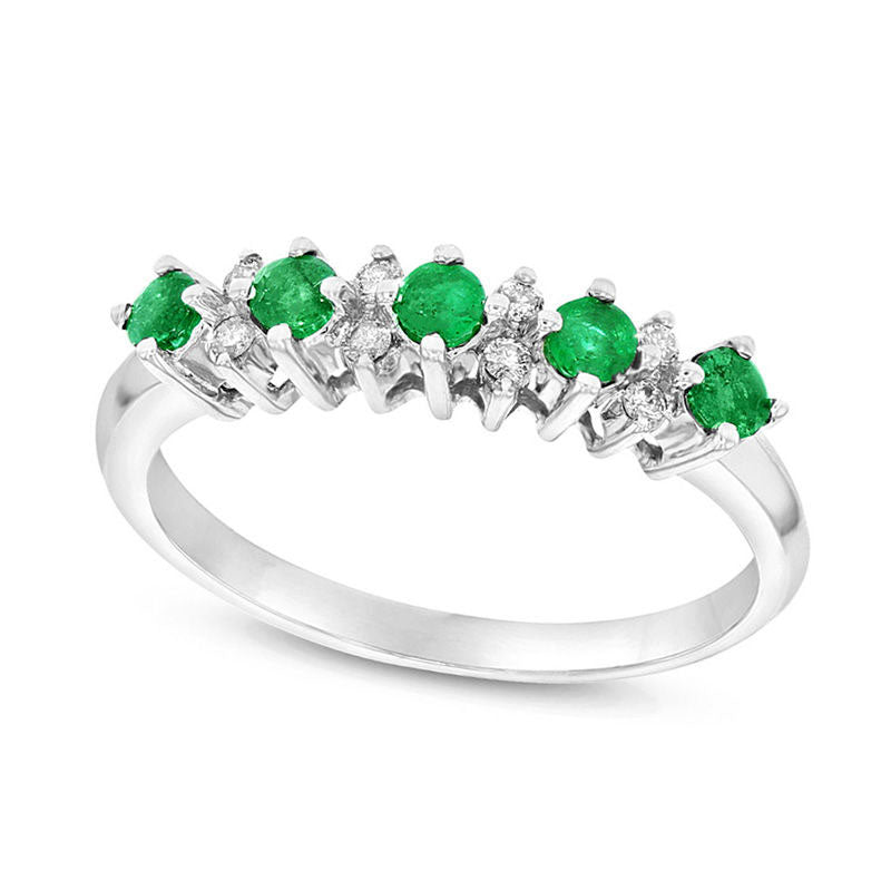 Image of ID 1 Emerald and Natural Diamond Accent Alternating Five Stone Band in Solid 14K White Gold