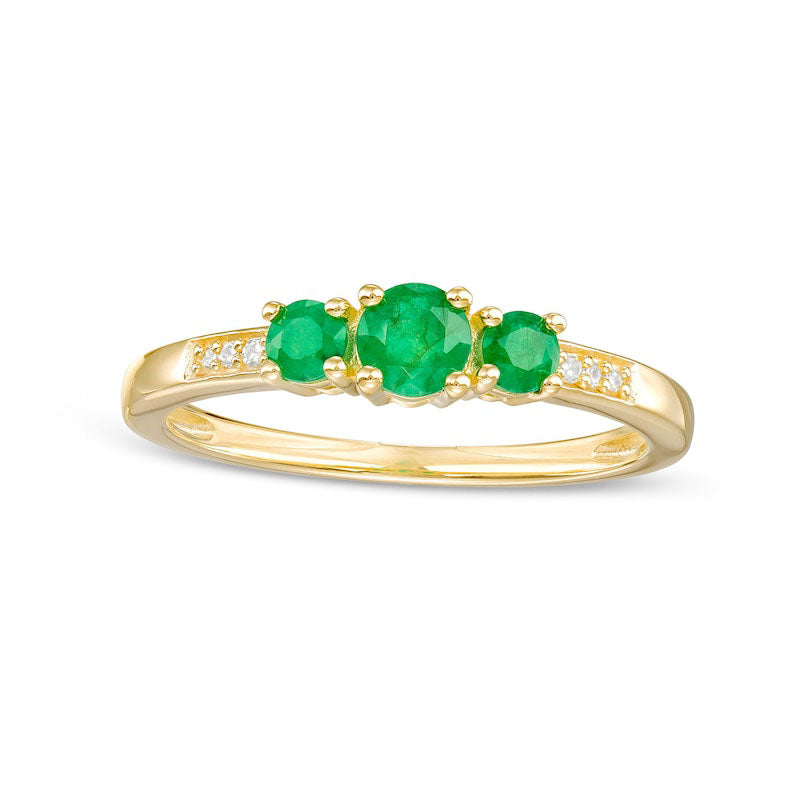 Image of ID 1 Emerald and Natural Diamond Accent Three Stone Ring in Solid 10K Yellow Gold