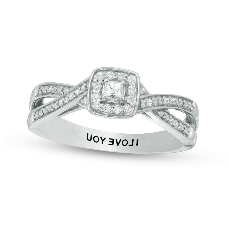 Image of ID 1 Engravable 013 CT TW Princess-Cut Natural Diamond Criss-Cross Split Shank Promise Ring in Sterling Silver (1 Line)