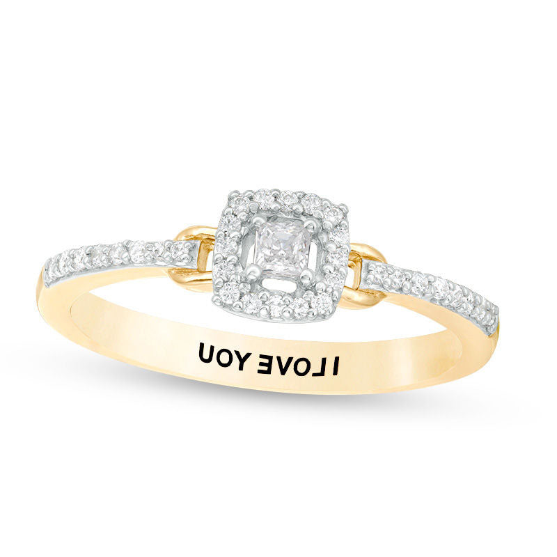 Image of ID 1 Engravable 020 CT TW Princess-Cut Natural Diamond Frame Buckle Promise Ring in Solid 10K White Yellow or Rose Gold (1 Line)
