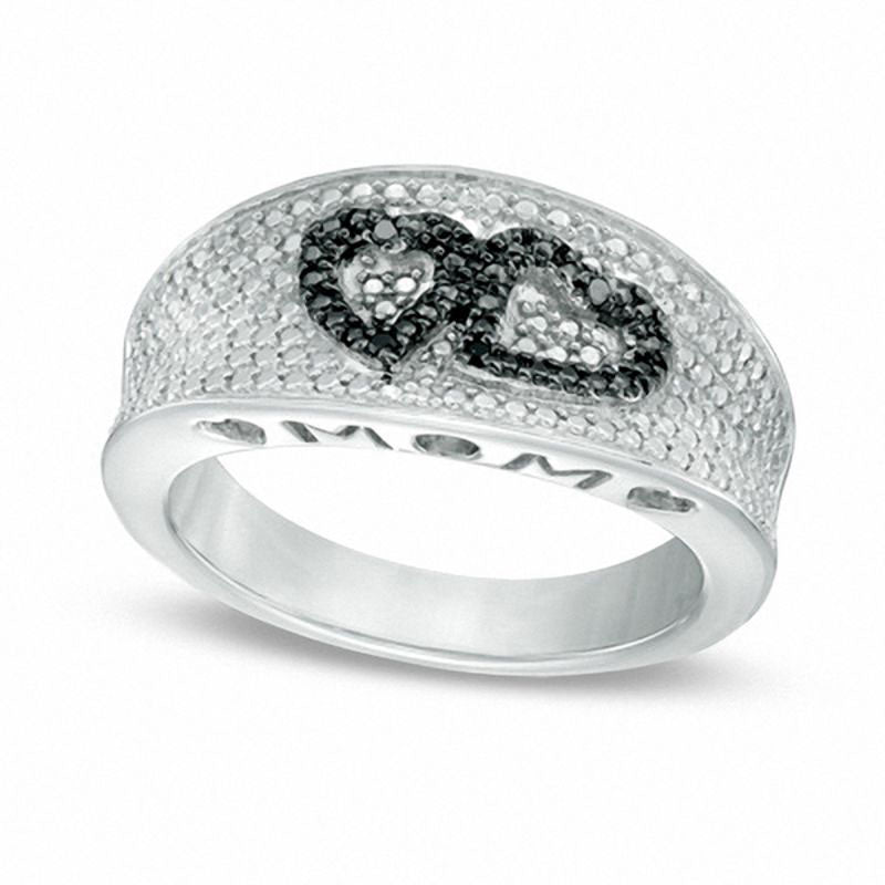 Image of ID 1 Enhanced Black and White Natural Diamond Accent Beaded Hearts MOM Ring in Sterling Silver