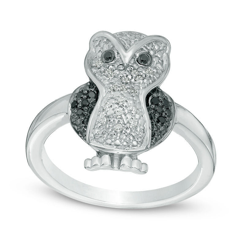 Image of ID 1 Enhanced Black and White Natural Diamond Accent Owl Ring in Sterling Silver