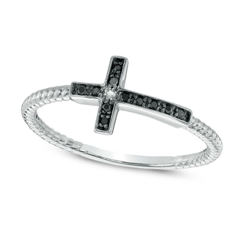 Image of ID 1 Enhanced Black and White Natural Diamond Accent Sideways Cross Ring in Sterling Silver