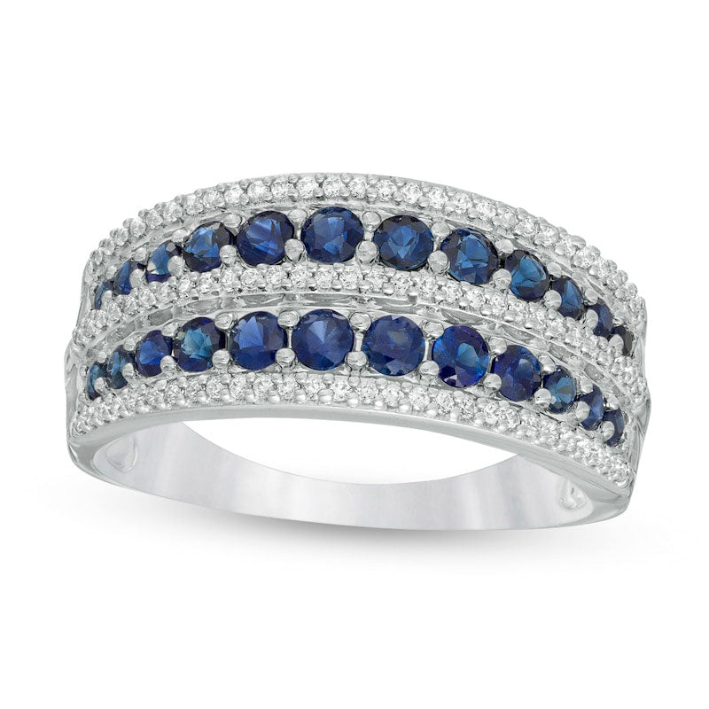 Image of ID 1 Graduated Blue Sapphire and 020 CT TW Natural Diamond Border Double Row Ring in Solid 10K White Gold