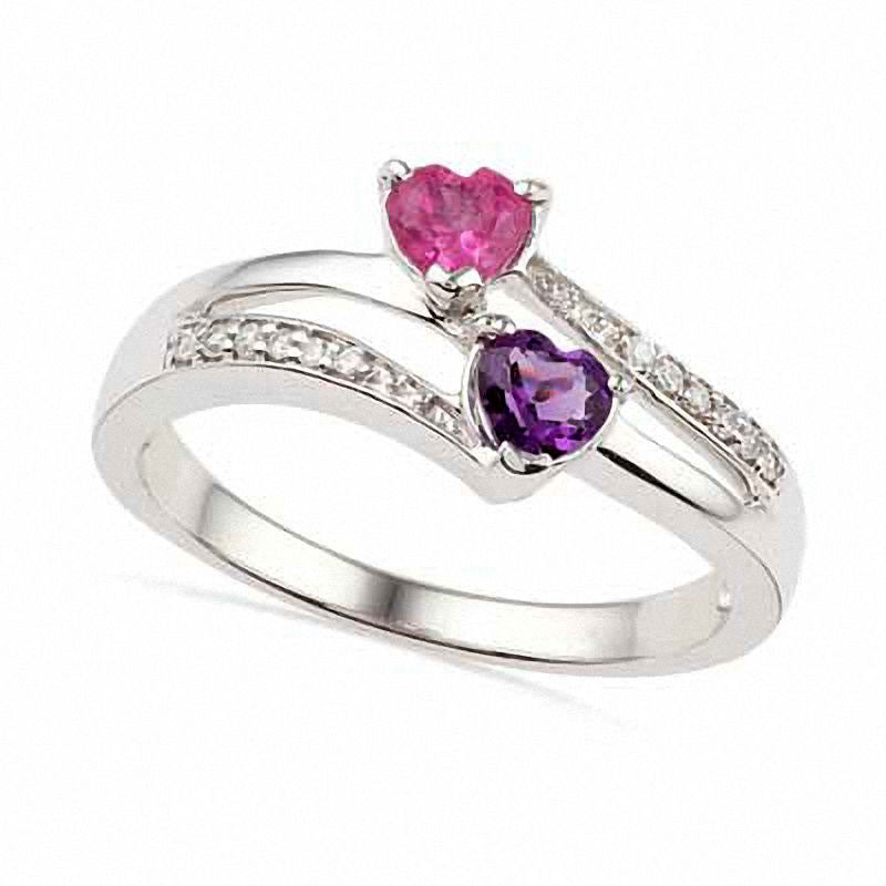 Image of ID 1 Heart-Shaped Amethyst Lab-Created Pink Sapphire and Diamond Accent Ring in Sterling Silver