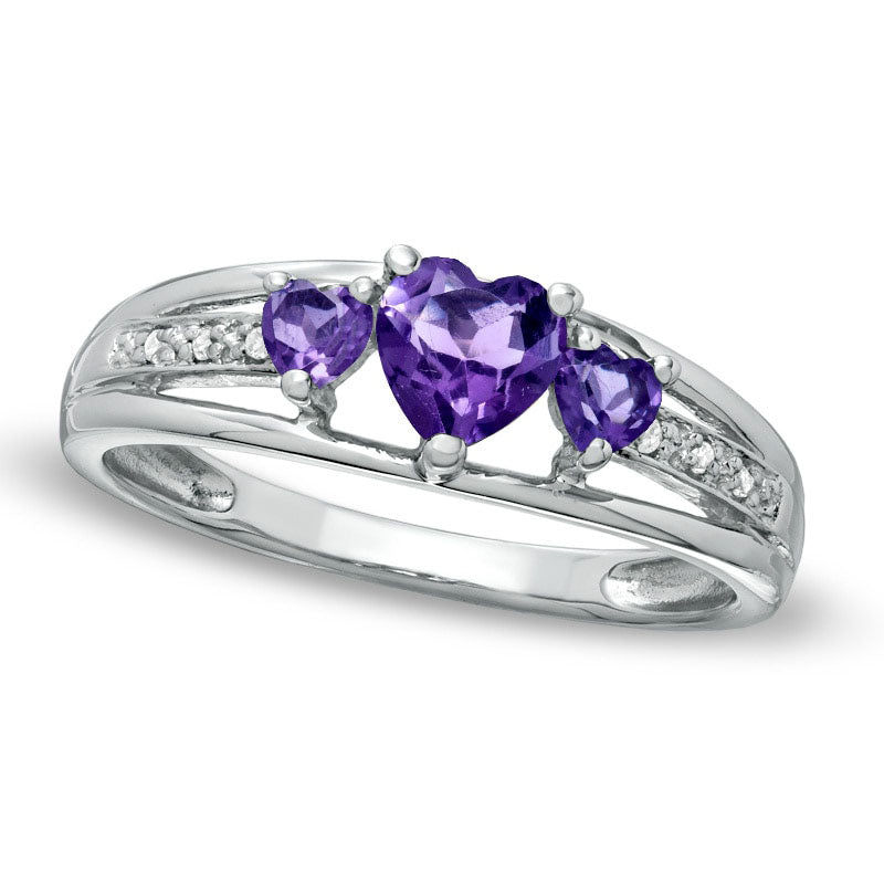 Image of ID 1 Heart-Shaped Amethyst Three Stone and Natural Diamond Accent Ring in Sterling Silver