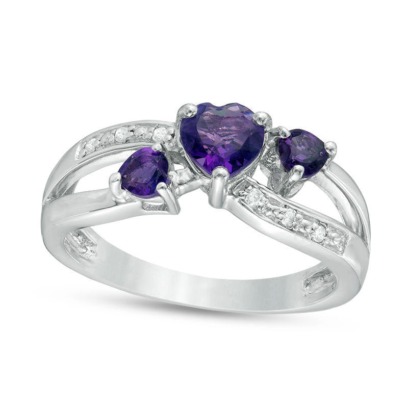 Image of ID 1 Heart-Shaped Amethyst and Natural Diamond Accent Three Stone Ring in Sterling Silver