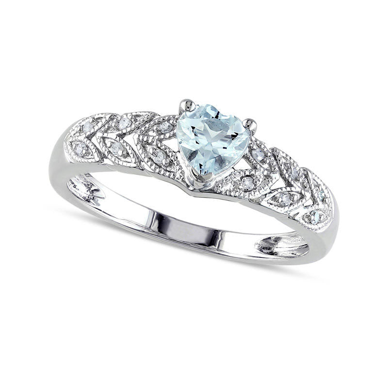 Image of ID 1 Heart-Shaped Aquamarine and 005 CT TW Natural Diamond Leaf-Shank Promise Ring in Sterling Silver