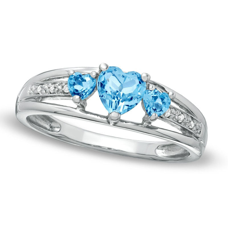 Image of ID 1 Heart-Shaped Blue Topaz and Natural Diamond Accent Three Stone Promise Ring in Solid 10K White Gold
