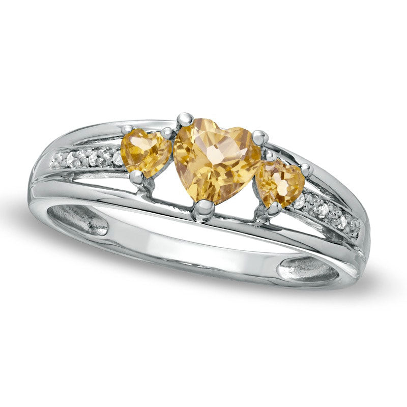 Image of ID 1 Heart-Shaped Citrine Three Stone and Natural Diamond Accent Ring in Sterling Silver