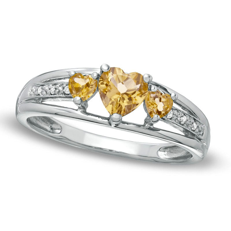 Image of ID 1 Heart-Shaped Citrine and Natural Diamond Accent Three Stone Promise Ring in Solid 10K White Gold
