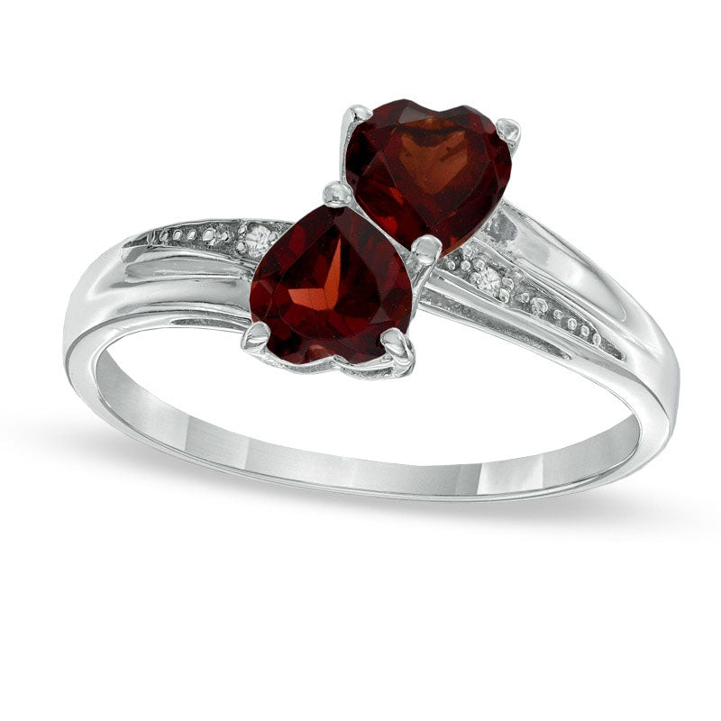 Image of ID 1 Heart-Shaped Garnet and Natural Diamond Accent Double Heart Ring in Sterling Silver