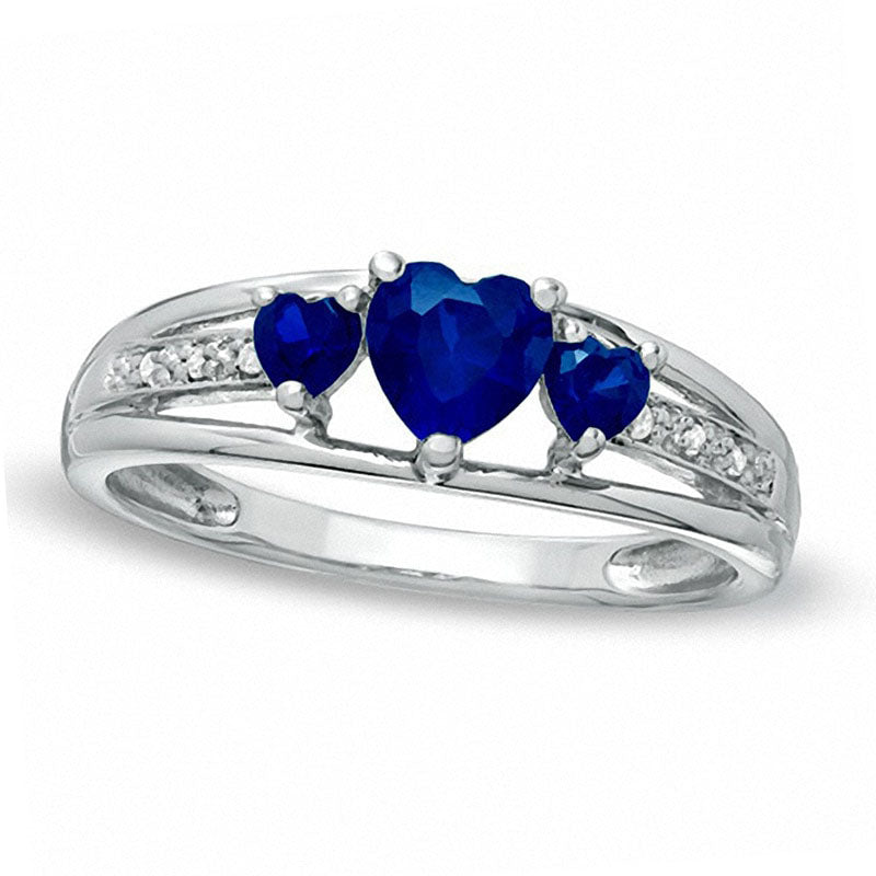 Image of ID 1 Heart-Shaped Lab-Created Blue Sapphire Three Stone and Diamond Accent Ring in Sterling Silver