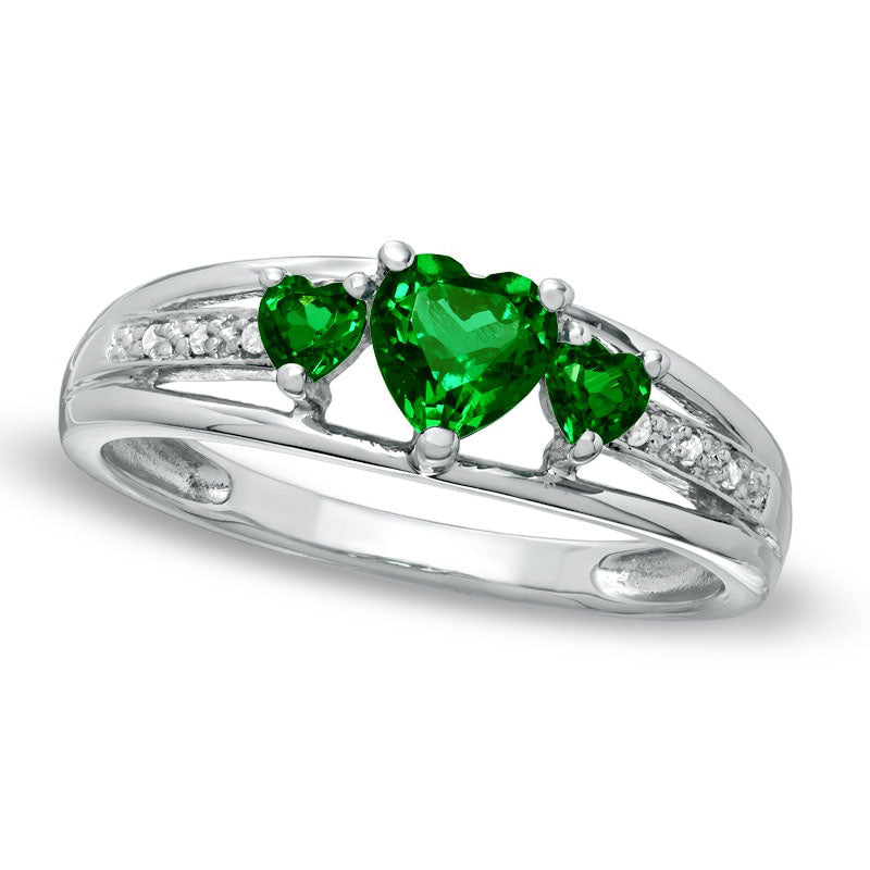 Image of ID 1 Heart-Shaped Lab-Created Emerald Three Stone and Diamond Accent Ring in Sterling Silver