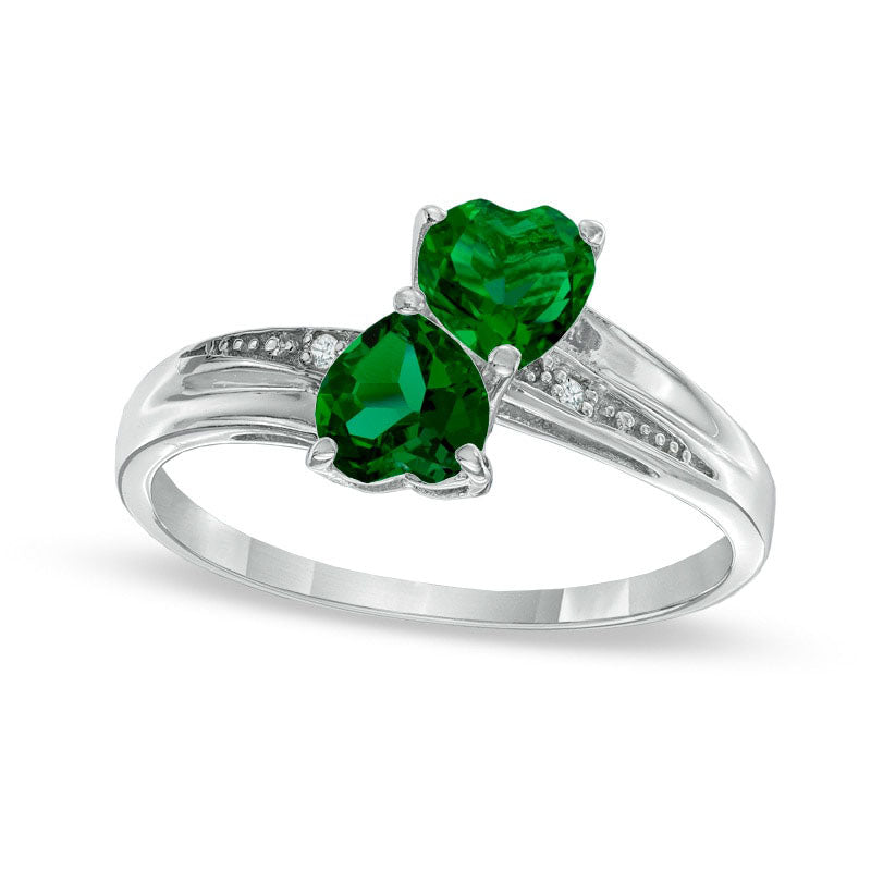 Image of ID 1 Heart-Shaped Lab-Created Emerald and Diamond Accent Double Heart Ring in Sterling Silver