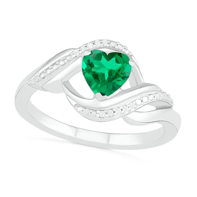 Image of ID 1 Heart-Shaped Lab-Created Emerald and Diamond Accent Ribbon Ring in Sterling Silver