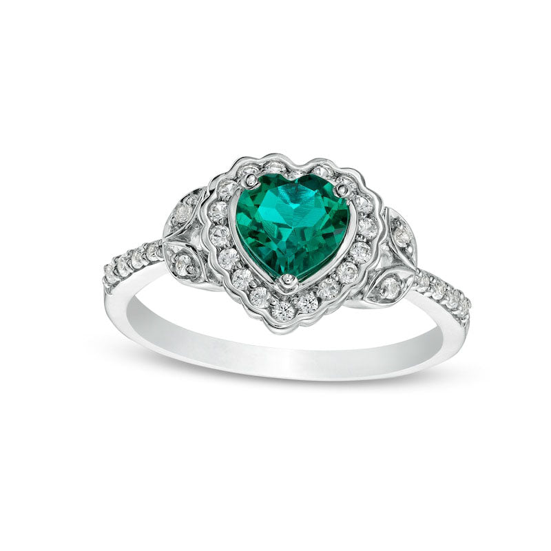Image of ID 1 Heart-Shaped Lab-Created Emerald and White Lab-Created Sapphire Scallop Frame Leaf-Sides Flower Ring in Sterling Silver