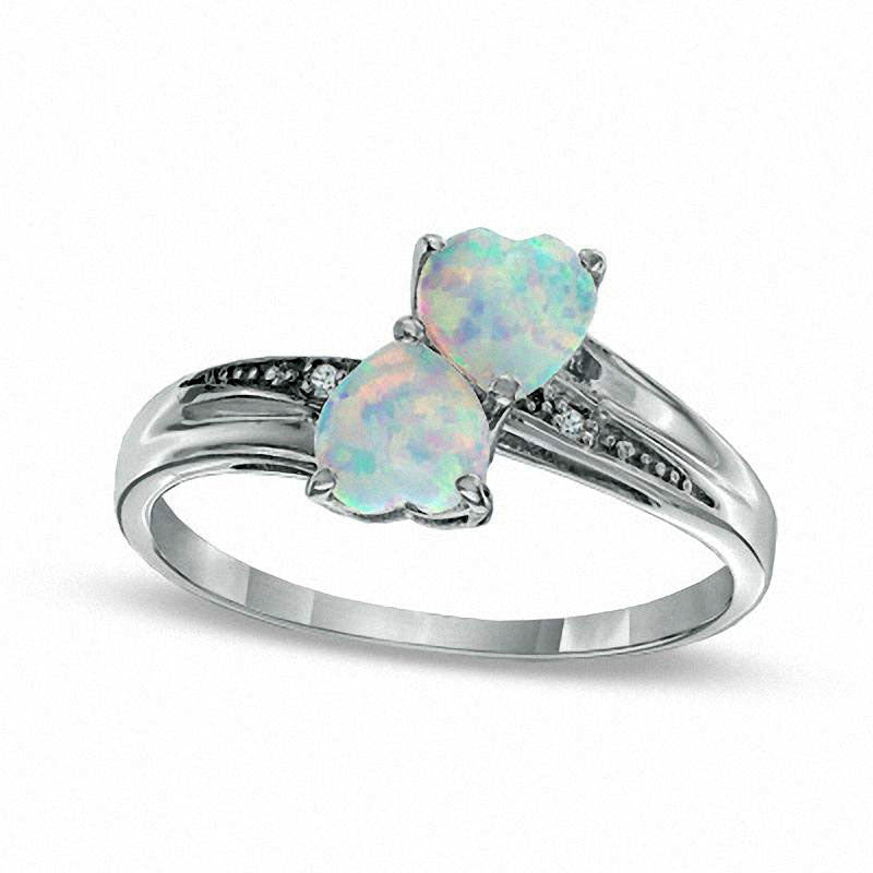 Image of ID 1 Heart-Shaped Lab-Created Opal and Diamond Accent Double Heart Ring in Sterling Silver